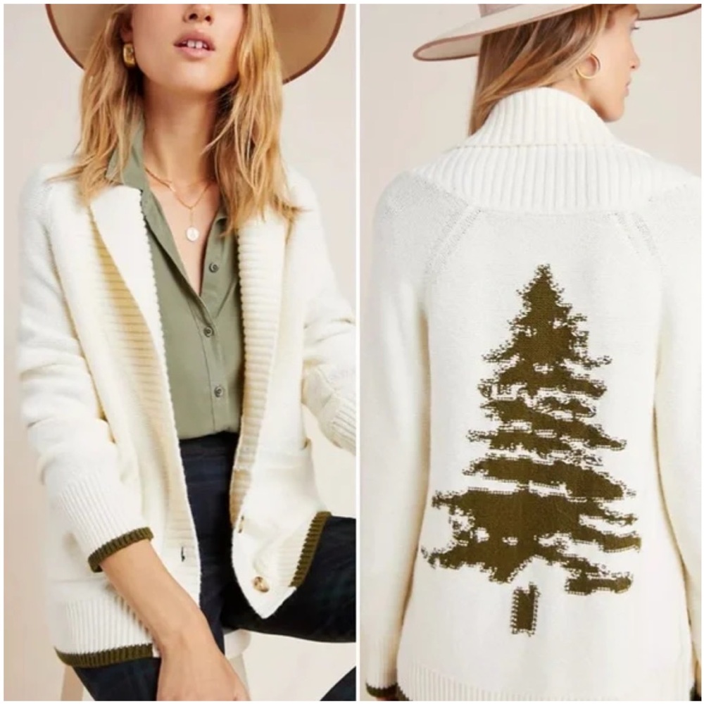 Anthropologie Cream and Brown Tree Cardigan